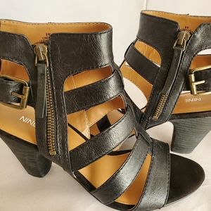 Nine West Black Leather Gladiator Heels